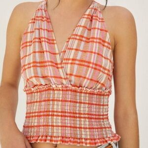 Anthropologie PILCRO Jessie gauze halter top madras plaid SZ S